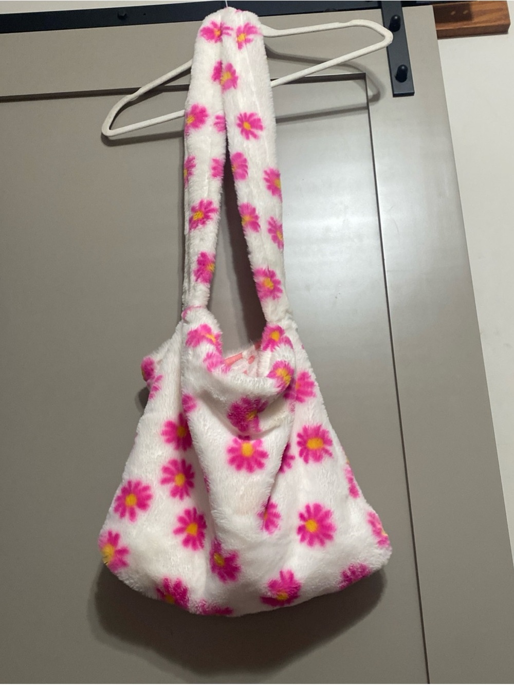 Minky Divine White Pink Daisy Plush Faux Fur Tote Shoulder Bag Handmade